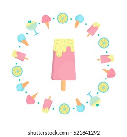 Ice cream bar in flat style. Vector illustration of ice cream in circle shape for bars, restaurants, menu.