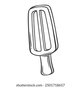 Ice cream bar icon, doodle popsicle. Funny retro sketch of candy lollipop, frozen yogurt or fruit juice on stick. Refreshing summer dessert mascot, hand drawn ice cream icon vector illustration