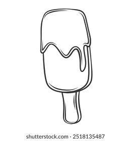 Icono de la barra de helado, paleta de chocolate doodle. Divertido boceto retro del postre de los niños en palo, goteos de cobertura de chocolate líquido. Mascota de la comida de la leche fría del verano, Ilustración vectorial dibujada a mano del icono del helado