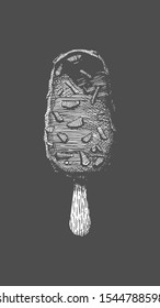 ice cream bar on a stick.  Vector hand drawn illustration in vintage engraved style. Isolated on black background. 