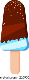 Ice cream bar on wooden stick. Chocolate sweet with sprinkles
