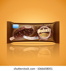 Ice Cream Bar Packaging Design Isolated On Orange Background. Vector Ice Cream In Chocolate Glaze Or Sauce With Crispy Nuts. Gold Label Template. Chocolate Circular Splash. 3d Realistic Illustration.