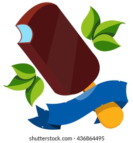 Ice cream bar with ribbon banner. Sweets, desserts color illustration.