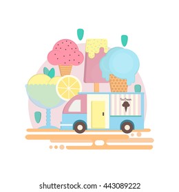 Ice cream bar and van in flat style. Vector illustration for bars, restaurants, menu.