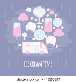 Ice cream bar and van in flat style. Vector illustration in circle shape for bars, restaurants, menu. Desert concept.