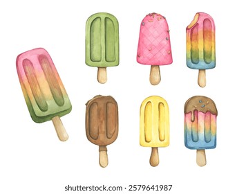 Ilustración de acuarela de barra de helado con paletas de colores perfectas para golosinas de verano. Un arte de postre congelado vibrante, dibujado a mano con vibraciones dulces y refrescantes.