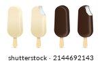 Ice cream bars, 3d eskimo set vector illustration. Realistic soft sundae on stick with vanilla flavor, chocolate and yellow glaze, whole and bitten sweet food objects isolated on white background