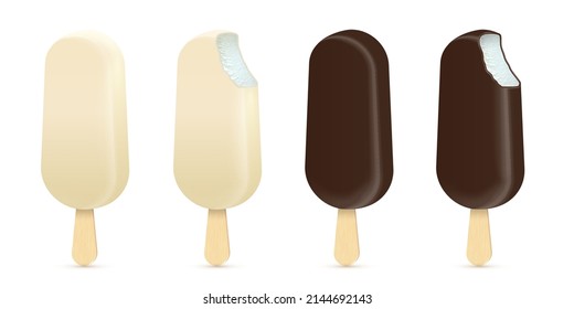 Barras de helado, 3d eskimo set ilustración vectorial. Sudadera blanda realista sobre palo con sabor a vainilla, chocolate y glaseado amarillo, objetos de comida dulce enteros y mordidos aislados en fondo blanco