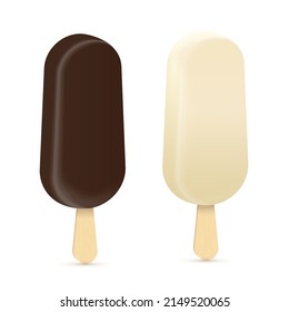 Ice cream bars, 3d eskimo set vector illustration. Realistic soft sundae on stick with vanilla flavor, chocolate and yellow glaze, sweet food objects isolated on white background