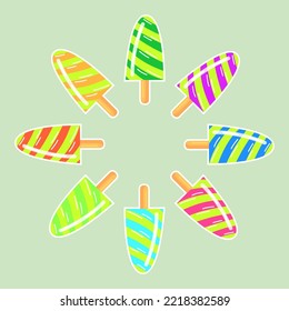 Ice cream bars on wooden sticks set. Vector illustrations of popsicles. Cartoon eskimo with stripes and swirls of different colors isolated on green. Refreshing snack, summer dessert concept