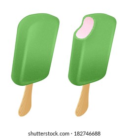 Ice cream bars with pink filling covered with green frosting - whole and bitten one.  