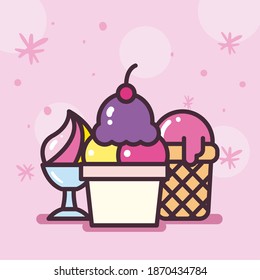 ice cream in basket cup and glass line and fill style icon design, Sweet and dessert theme Vector illustration