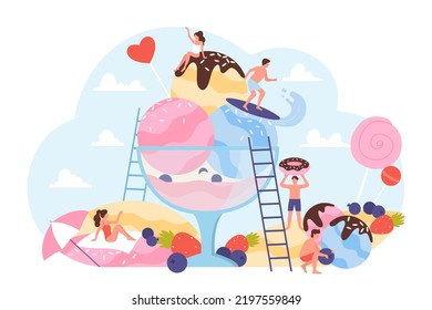 Ice crema de playa ilustración vectorial. Escena del campamento de verano de caricaturas con jóvenes diminutos tomando el sol y surfeando en bolas cremosas de helado en bol, sundae con fruta, caramelos y jarabe de chocolate