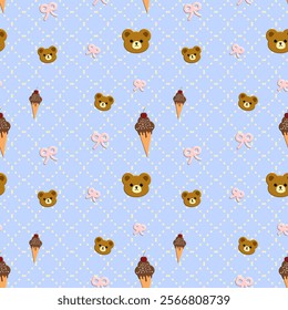 Ice cream, bear, pink bow on blue background, fabric pattern, gift wrapping paper, notebook cover pattern