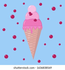 Ice cream with berries. Cute cartoon illustration. Isolated vector illustration. 