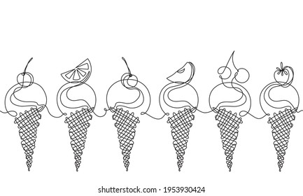 Ice cream with berries and fruits.  Sketch. Draw a continuous line. Décor. Vector dessert set . Seamless horizontal pattern