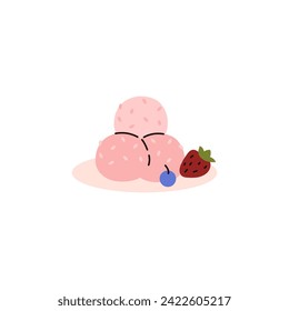 Ice cream with berries icon. Dairy cold sweet snack, three pink balls ice cream product. Vector illustration isolated on white background. Bad eating habit, eating disorder concept