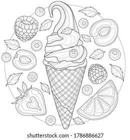 
Ice cream with berries, orange and mint.Tasty sweets.Coloring book antistress for children and adults. Zen-tangle style.Black and white drawing