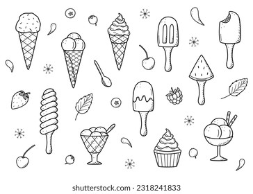 Ice cream and berries set of doodle icons. Vector illustration of summer desserts popsicles, ice cream in waffle cones, strawberry cherry raspberry mint blueberry.