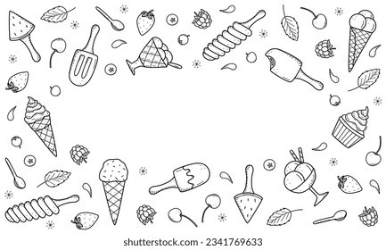 Ice cream and berries set of doodle icons. Vector illustration of summer desserts popsicles, ice cream in waffle cones, strawberry cherry raspberry mint blueberry.