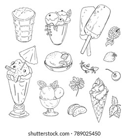 Ice cream and berries. Vector collection of hand drawings on a white background.