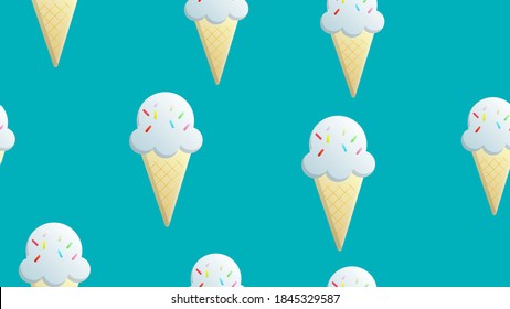 ice cream with berry balls in a waffle glass on a blue background, vector illustration, pattern. milk dessert. berry balls with sugar sprinkles. wallpaper for kitchen.