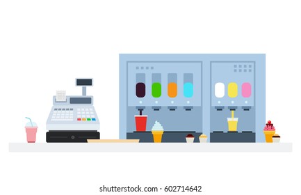 Ice cream and beverages machines with cash register vector flat material design isolated on white