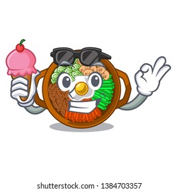 With ice cream bibimbap served on mascot hot pan