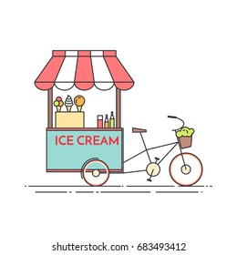 Ice cream bicycle - cart on wheels with sweet cold dessert isolated on white background. Flat line vector illustration of food and drink kiosk.