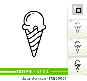 Ice cream big ball in wafer cone. vanilla, chocolate, sweet dessert sign. single fruit yogurt icecream black line icon. Close vector illustration isolated on white