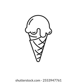Ice cream big ball in wafer cone. vanilla, chocolate, sweet dessert sign. single fruit yogurt ice cream black line icon. Close vector illustration isolated on white