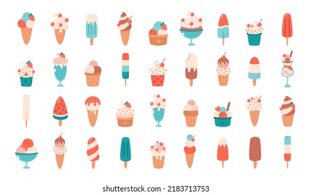 Ice cream big set. Ice cream cone with different flavors, ice lolly, ice cream in glass. Summertime, hello summer. Hand drawn vector illustration
