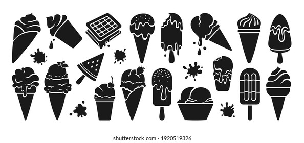 Ice cream black glyph set. Chocolate, vanilla cartoon ice cream cone fruit, mint, berry. Kawaii icon summer collection sweet food and splash. Watermelon on stick. Isolated dessert vector illustration