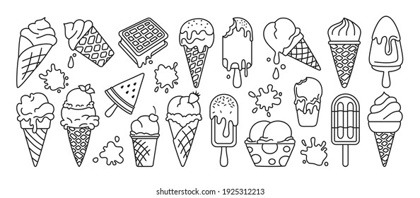 Ice cream black line set. Chocolate, vanilla cartoon ice cream cone fruit, mint, berry. Kawaii icon summer collection sweet food and splash. Watermelon on stick. Isolated dessert vector illustration