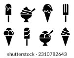 Ice cream black silhouette icons set on white. Balls in waffle cone, soft serve sundae in glass, popsicle on stick. Vector and png elements for minimal summer design, sweet snack illustration or logo