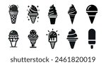 Ice cream black silhouette icons set on white background. Vector elements for minimal summer design, sweet snack illustration or logo