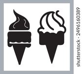 Ice cream black silhouette icons set on white. Balls in waffle cone, soft serve sundae in glass, Ice cream silhouette vector illustrations. Ice cream silhouettes isolated.