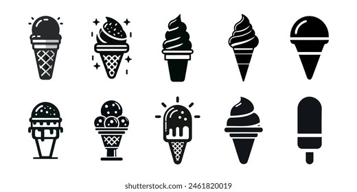 Ice cream black silhouette icons set on white background. Vector elements for minimal summer design, sweet snack illustration or logo