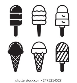 Ice cream black silhouette icons set on white. Balls in waffle cone, soft serve sundae in glass, Ice cream silhouette vector illustrations. Ice cream silhouettes isolated.