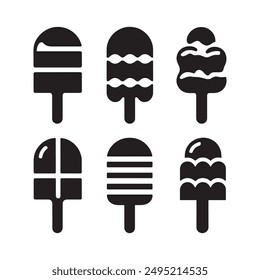 Ice cream black silhouette icons set on white. Balls in waffle cone, soft serve sundae in glass, Ice cream silhouette vector illustrations. Ice cream silhouettes isolated.