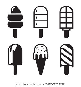 Ice cream black silhouette icons set on white. Balls in waffle cone, soft serve sundae in glass, Ice cream silhouette vector illustrations. Ice cream silhouettes isolated.