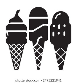 Ice cream black silhouette icons set on white. Balls in waffle cone, soft serve sundae in glass, Ice cream silhouette vector illustrations. Ice cream silhouettes isolated.