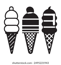 Iconos de silueta de helado negro establecidos en blanco. Bolas en cono de gofre, sundae de servicio suave en vidrio, Ilustraciones vectoriales de silueta de helado. Siluetas de helado aisladas.