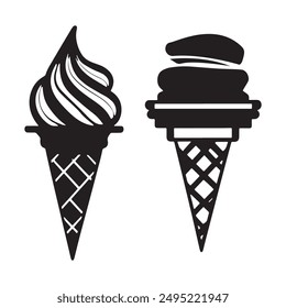 Ice cream black silhouette icons set on white. Balls in waffle cone, soft serve sundae in glass, Ice cream silhouette vector illustrations. Ice cream silhouettes isolated.