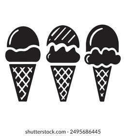 Ice cream black silhouette icons set on white. Balls in waffle cone, soft serve sundae in glass, Ice cream silhouette vector illustrations. Ice cream silhouettes isolated.