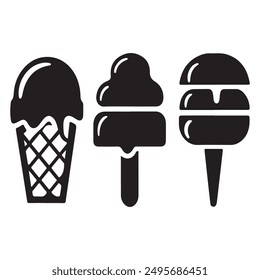 Ice cream black silhouette icons set on white. Balls in waffle cone, soft serve sundae in glass, Ice cream silhouette vector illustrations. Ice cream silhouettes isolated.