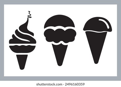 Ice cream black silhouette icons set on white. Balls in waffle cone, soft serve sundae in glass, Ice cream silhouette vector illustrations. Ice cream silhouettes isolated.