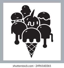 Ice cream black silhouette icons set on white. Balls in waffle cone, soft serve sundae in glass, Ice cream silhouette vector illustrations. Ice cream silhouettes isolated.