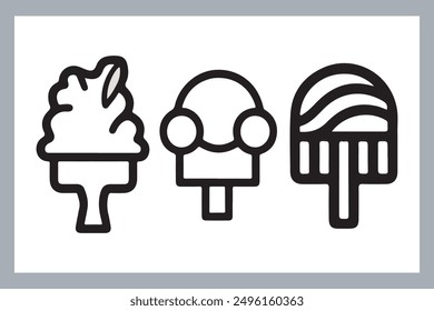 Ice cream black silhouette icons set on white. Balls in waffle cone, soft serve sundae in glass, Ice cream silhouette vector illustrations. Ice cream silhouettes isolated.