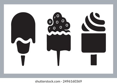 Ice cream black silhouette icons set on white. Balls in waffle cone, soft serve sundae in glass, Ice cream silhouette vector illustrations. Ice cream silhouettes isolated.